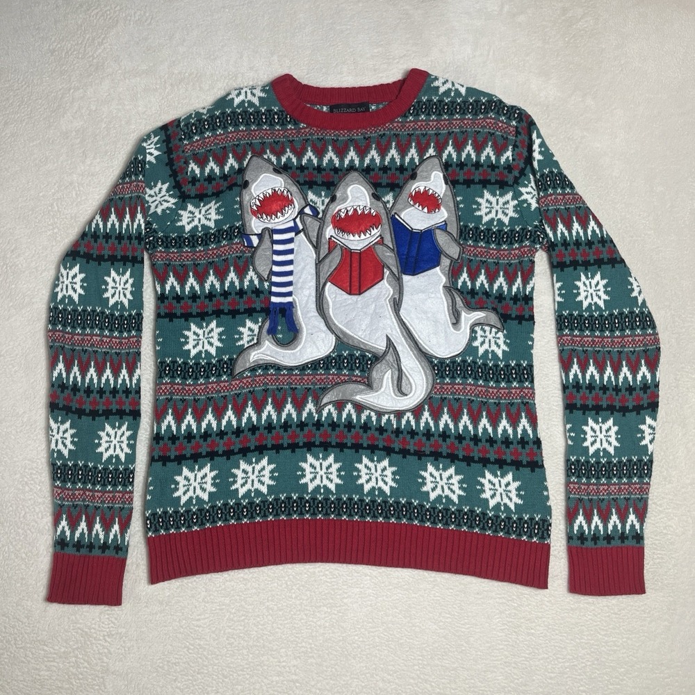 Blizzard Bay Women's S Santa Shark Snowflakes Ugly Holiday Christmas Sweater